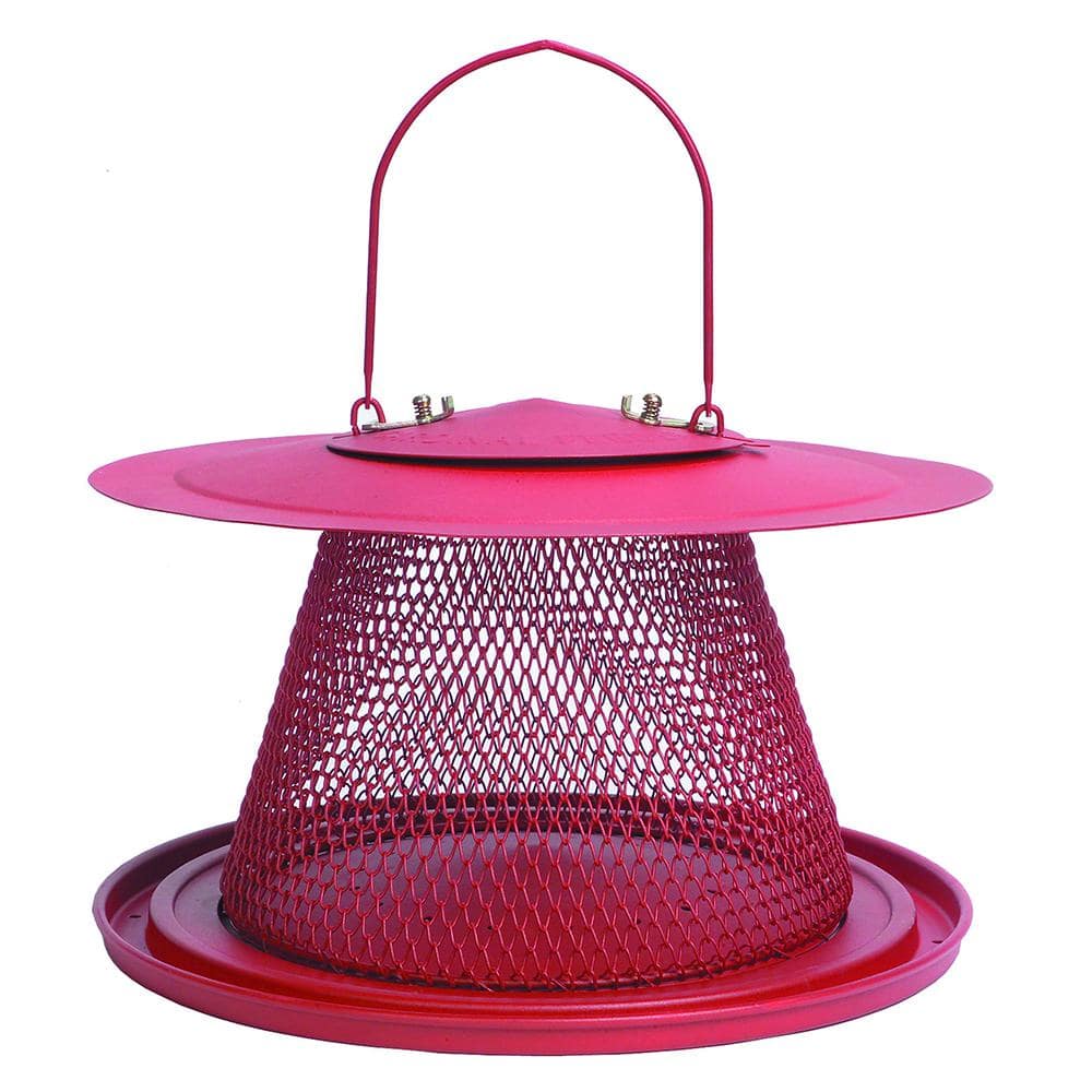 Red Metal Hanging Bird Feeder with Mesh Design