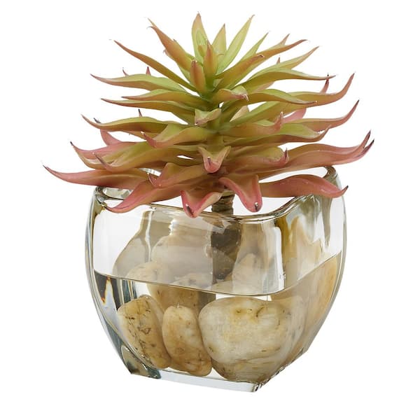 D&W Silks Indoor Artificial Single Succulent Stem in Glass Cube