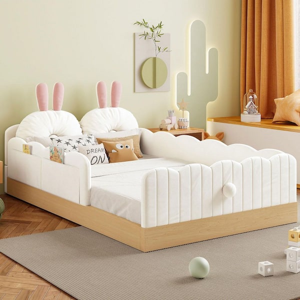 Dryden Kids Animal-Themed Beige Upholstered Velvet Wood Frame Twin Platform Bed with Guardrails, Storage Pockets