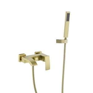Single-Handle Wall-Mount Roman Tub Faucet with Hand Shower Brass Waterfall Bathtub Filler in. Brushed Gold
