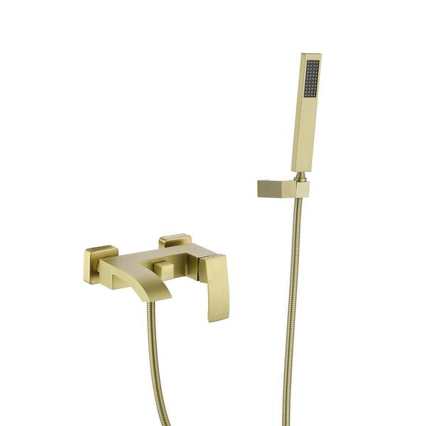 FLG Single-Handle Wall-Mount Roman Tub Faucet with Hand Shower Brass Waterfall Bathtub Filler in. Brushed Gold