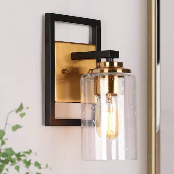 1-Light Brass Gold Modern Indoor Wall Sconce, Black Bathroom Vanity Light, Cylinder Seeded Glass Wall Light for Bedroom