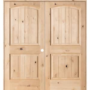 56 in. x 80 in. Rustic Knotty Alder 2-Panel Arch Top VG Left Handed Solid Core Wood Double Prehung Interior French Door