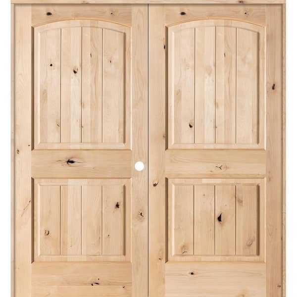 64 in. x 80 in. Rustic Knotty Alder 2-Panel Arch Top VG Left Handed Solid Core Wood Double Prehung Interior French Door