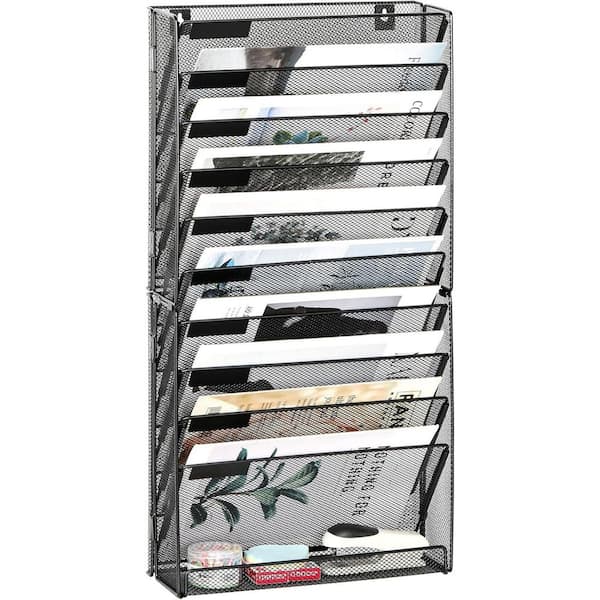 10-Tier Metal Mesh Wall Mounted Hanging Magazine Rack with Flat Tray and Nametag Label Black 25.5 in. H x 12.8 in. W