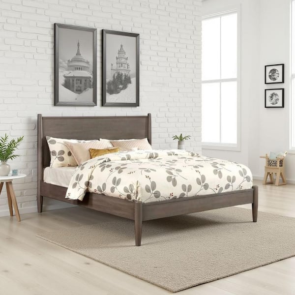Gray Wood Frame King Size Panel Bed with Headboard