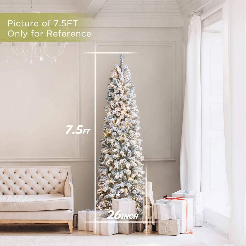 7.5 ft. Snow Flocked Artificial Pencil Prelit Christmas Tree Hinged Snowy S