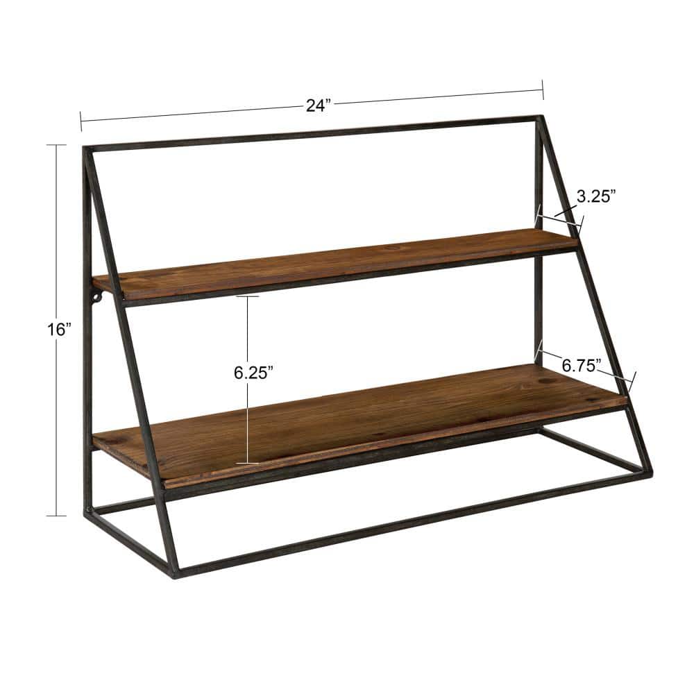 Rustic Black Metal and Wood Two-Tier Wall Shelf