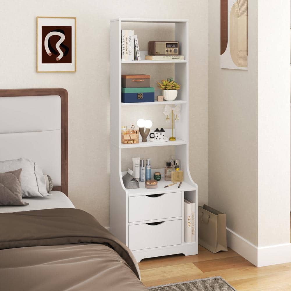 Modern White 2-Drawer Tall Nightstand Bedside Table with Bookshelf and Draw