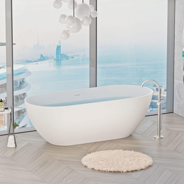 Stone Resin Solid Surface Freestanding Soaking Bathtub 59 in. x 29.5 in. with Drain and Overflow in Matte White