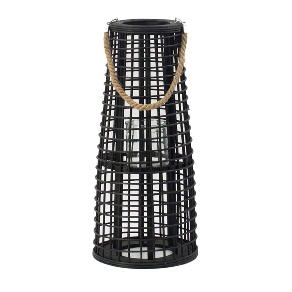 Black Bamboo and Glass Hanging Hurricane Lantern