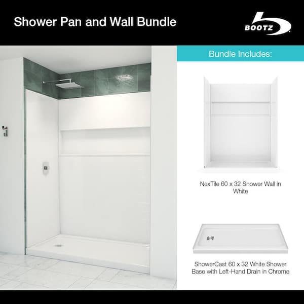 Aloha ShowerCast 60 in. L x 32 in. W Left Shower Pan Base and NexTile 60 in. W x 32 in. L x 74 in. H Shower Wall Kit Bootz Industries