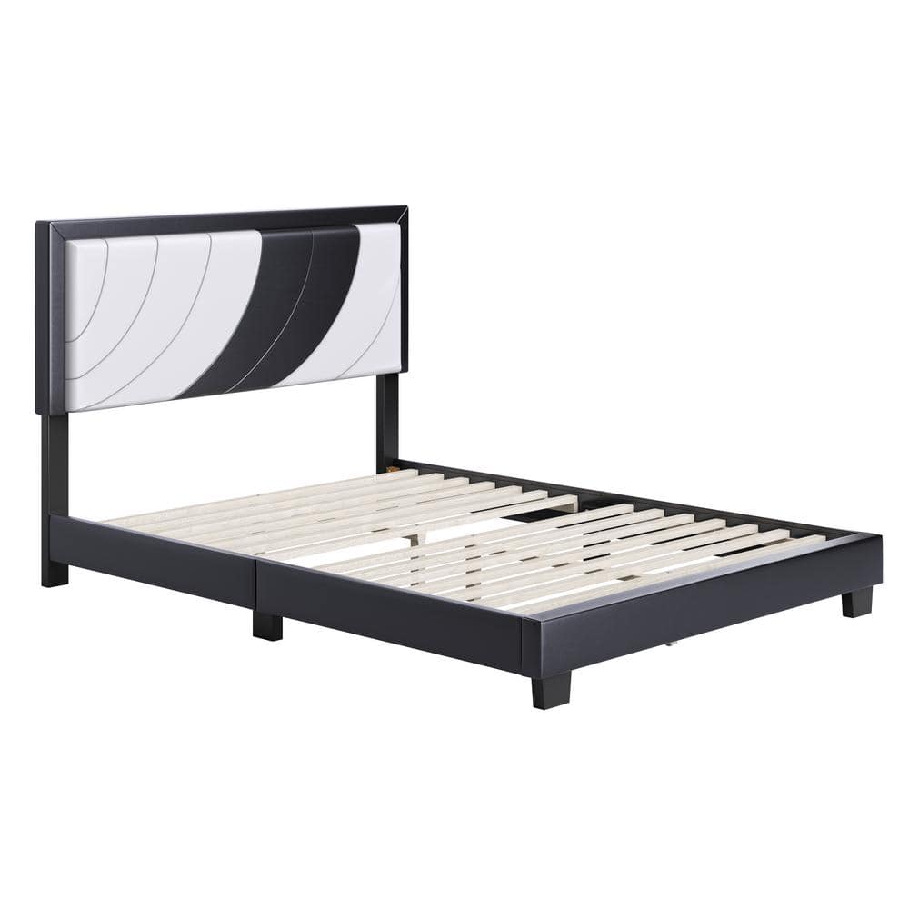 Nautical Wave Queen Platform Bed in White & Black Faux Leather
