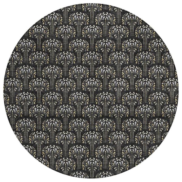 Chantille Machine Washable Indoor/Outdoor Abstract ACN3065 Black 8 ft. x 8 ft. Round Rug