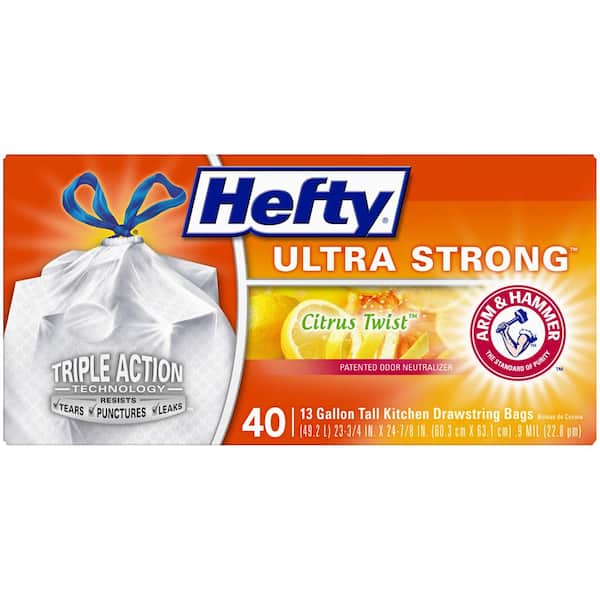 13 Gallon 40 Count Hefty Citrus Twist Scent Ultra Strong Tall Kitchen Trash Bags Pack of 1 