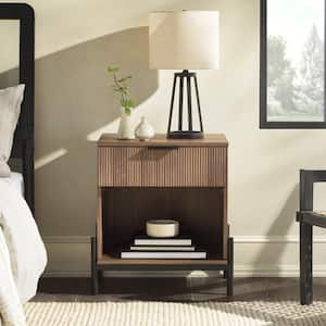 1-Drawer Mocha Wood and Metal Modern Reeded Nightstand with Exposed Legs