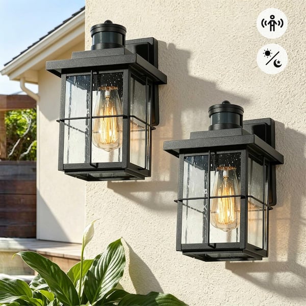 Mill Modern 1-Light Black Motion Sensor Dusk to Dawn Outdoor Wall Lantern Sconce Seeded Glass Exterior Lighting (2-Pack)