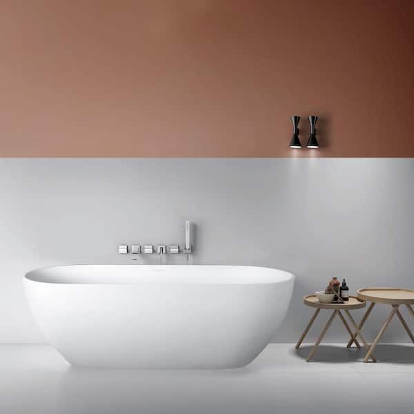 Freestanding Solid Surface Soaking Bathtub 68.9 in. x 29.5 in. with Drain and Overflow in Matte White