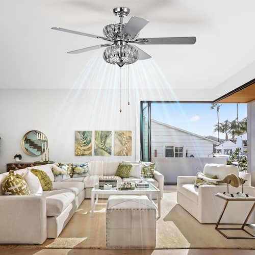 52 in. W Crystal Indoor Chrome Ceiling Fan with Light, Hand Pull Chain Control, No Bulb Sunpez Ceiling Fans With Lights