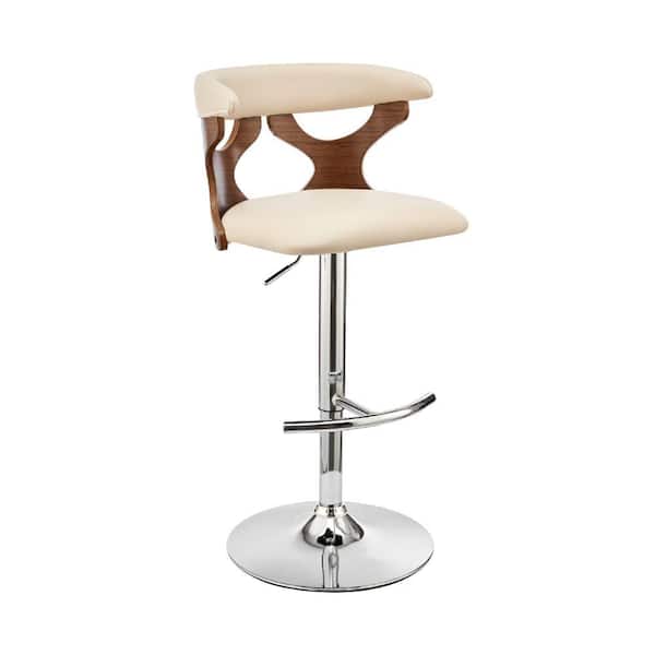 Benjara 43 in. Cream and Brown Metal Adjustable Barstool with Curved Cut Out Wooden Back