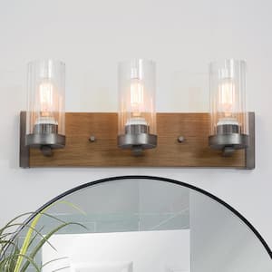 Industrial 20 in. 3-Light Brushed Aged Silver Vanity Light Farmhouse Faux Wood Bathroom Wall Sconce with Clear Glass