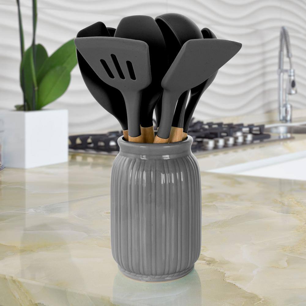 Gray Silicone and Wood 9-Piece Cooking Utensil Set