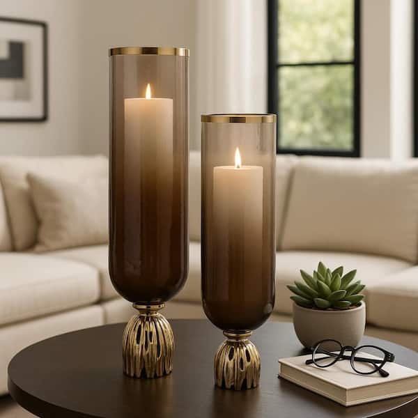 20/23 in. Brown/Gold Glass Hurricane Candle Holder 2 Pack