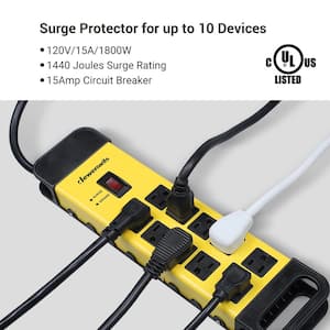 15 ft. 10-Outlets Heavy-Duty Metal Surge Protector Power Strip, Flat Plug, 1440 J