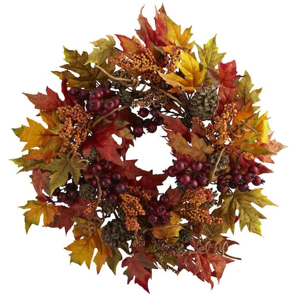Nearly Natural 24 in. Artificial Maple and Berry Wreath