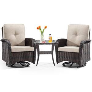 3-Piece Wicker Patio Swivel Rocker Outdoor Bistro Set with Beige Cushion, 2 Rocking Chairs and Side Table