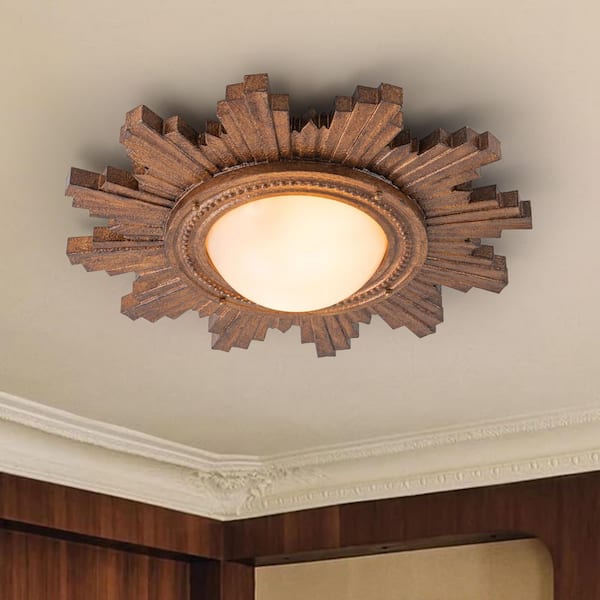 HUOKU Tavya 2-Light 26.8 in. W Distressed Gold Wall Sconce Flower Flush Mount with HDF and Resin Shade for Kitchen Bathroom