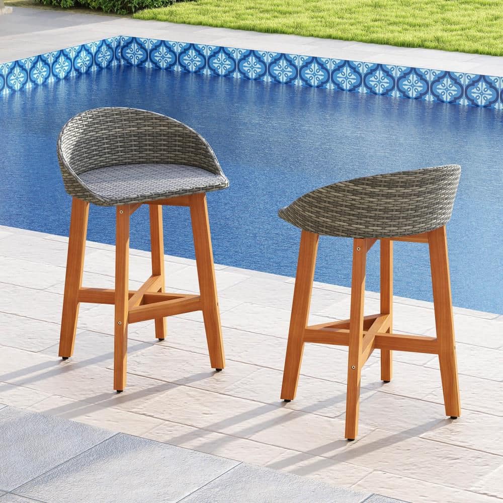 Outdoor Faux Rattan Bar Chairs Set of 2 Solid Acacia Wood Bar Stools for Porch Gray price history on PriceWatchPro