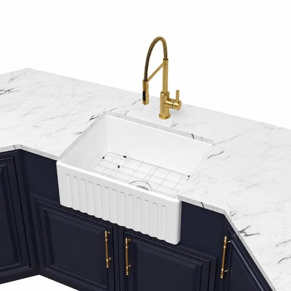30 in. Dual Mount Single Bowl White Fireclay Farmhouse Reversible Apron Workstation Sink with Cutting Board