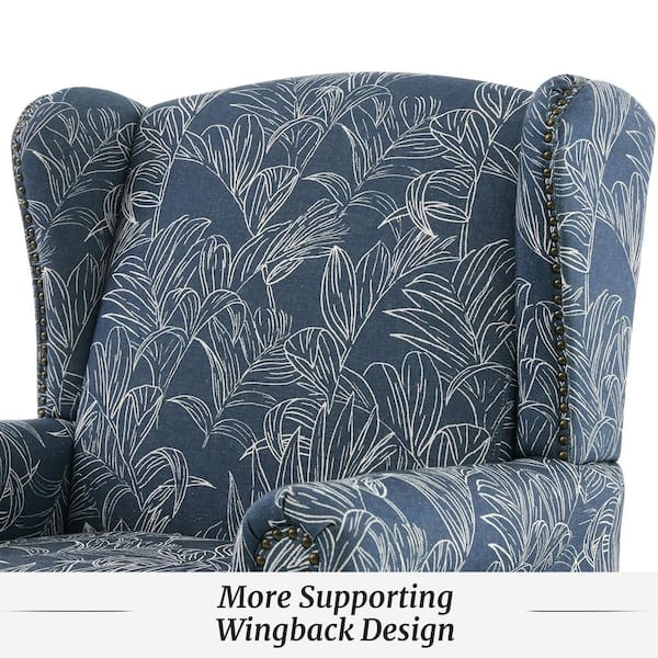 Traditional Blue Upholstered Wingback Chair with High Back, Nailhead Trim and Solid Wood Legs in Floral Linen, Set of 2