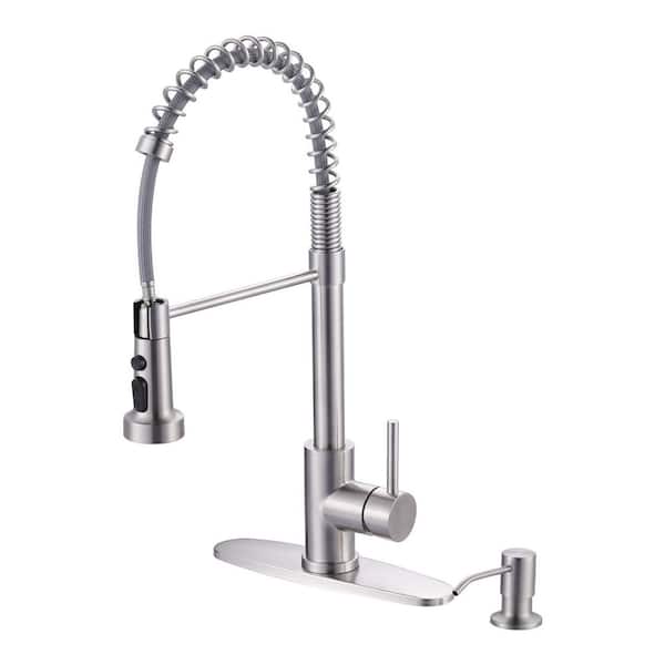 20.3 in. Single Handle Pull Down Kitchen Faucet with Soap Dispenser and 360° Spout Swivel in Brushed Nickel
