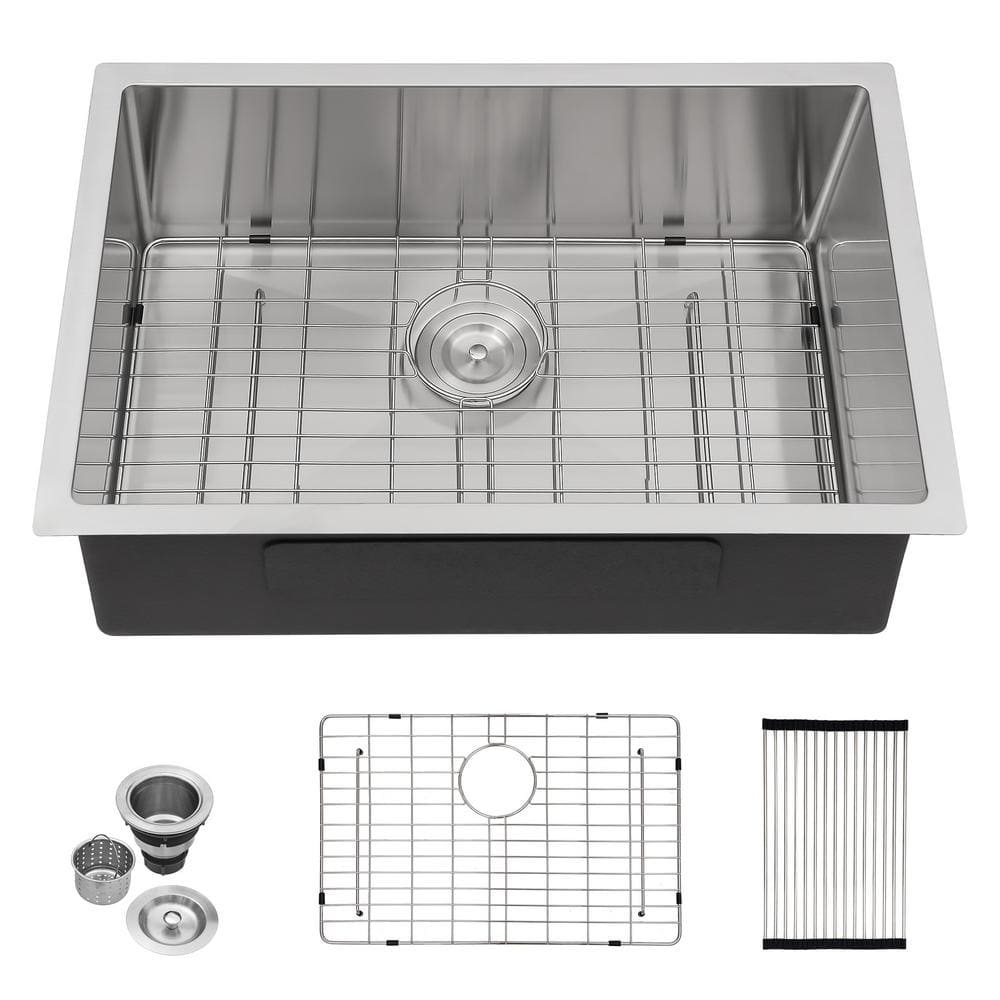 LORDEAR 28 in. Undrmount Single Bowl 16-Gague Stainless Steel Kitchen ...