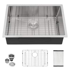 28 in. Undrmount Single Bowl 16-Gague Stainless Steel  Kitchen Sink with Basket Strainer and Bottom Grid