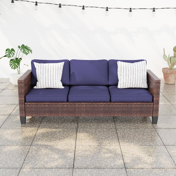 Outdoor 3-Seater Sofa All-Weather Patio Sofa Brown Wicker Black Navy Blue Cushion