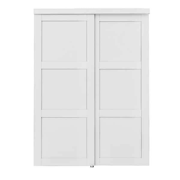 60 in. x 96 in. Paneled 3-Lite White Primed MDF Muti-Design Sliding Door with Hardware
