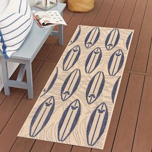 Mickey Mouse Surfboard Sand/Navy 2 ft. x 6 ft. Geometric/Animal Print Indoor/Outdoor Runner Rug