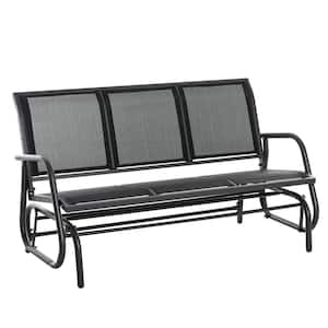 3 Seats Black 58 in. Metal Outdoor Bench Patio Glider Bench Garden Porch Swing Bench Swing with Breathable Mesh Fabric