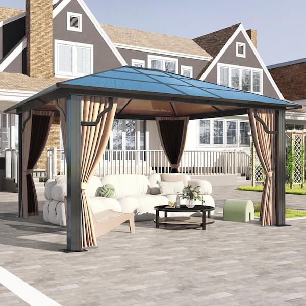 COVERONICS 10 ft. x 12 ft. Hardtop Gazebo Outdoor Polycarbonate Roof Aluminum Frame Gazebo with Netting and Curtains