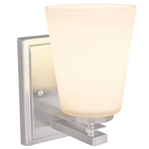 1-Light Brushed Nickel Vanity Light with Frosted Glass Shade