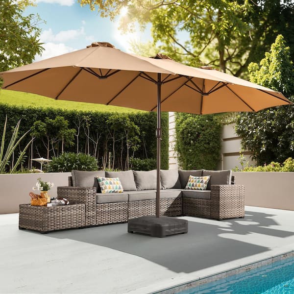 Alpine C 15 ft. Outdoor Double-Sided Market Patio Umbrella, UV Protection with Base in Beige