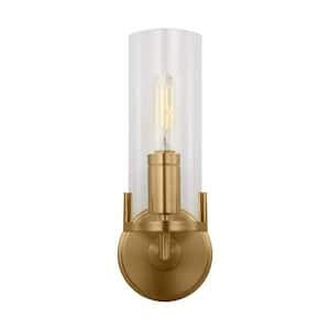 Mezzo 5 in. W x 13.5 in. H 1-Light Burnished Brass Dimmable Transitional Small Wall Sconce with Clear Glass Shade