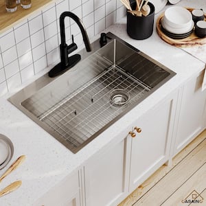 Stainless Steel Sink 33 in. 16-Gauge Single Bowl Drop-In Kitchen Sink in Brushed with Bottom Grid and Drainer