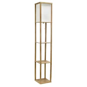 62.5 in. Wood Standard 3-Tier Standing Floor Lamp Etagere Organizer Storage Shelf with Linen Shade