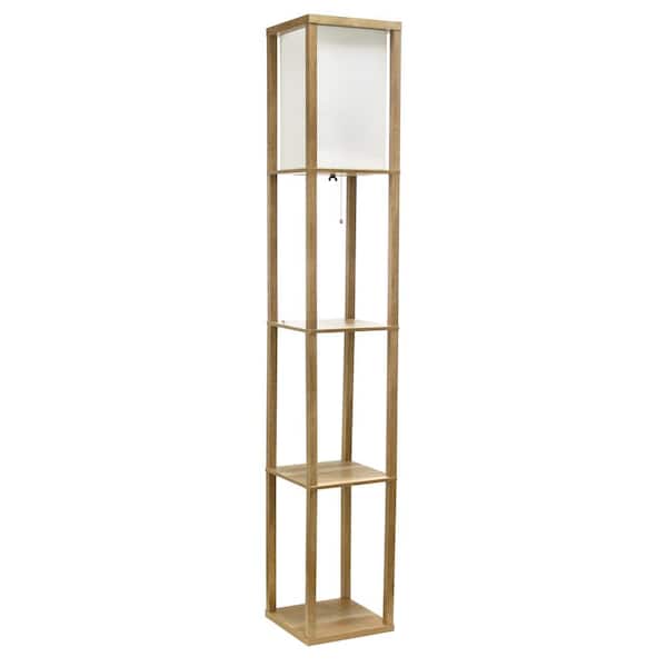 Simple Designs 62.5 in. Wood Standard 3-Tier Standing Floor Lamp Etagere Organizer Storage Shelf with Linen Shade