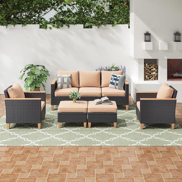 Outdoor 7-Piece Patio Furniture Set with Chairs Armless Sofa in Stain-Resistant Fabric with Beige Cushions