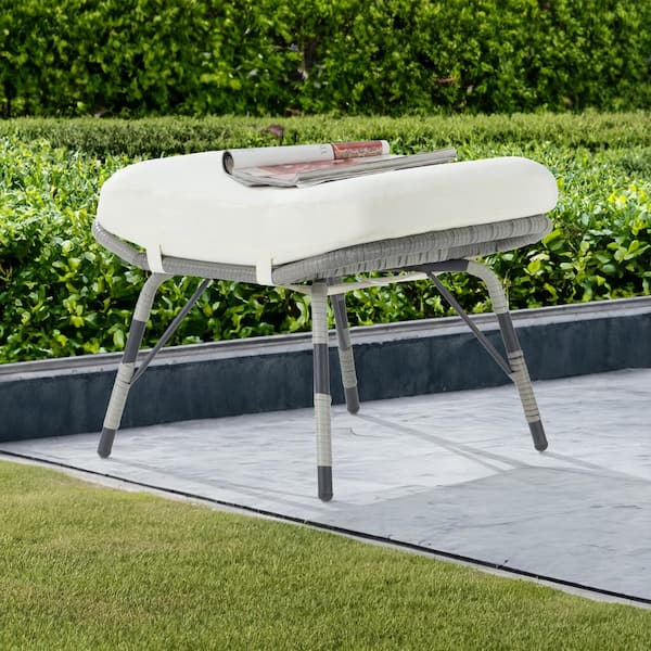 BFB Gray Wicker Outdoor Ottoman with Beige Cushion 1 Pack